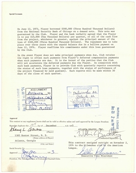 1974 Hank Aaron Signed Fully Executed Players Contract - Final Atlanta Braves Contract - Homerun #715 Season - Also Signed By Chubb Feeney & Eddie Robinson (PSA/DNA)
